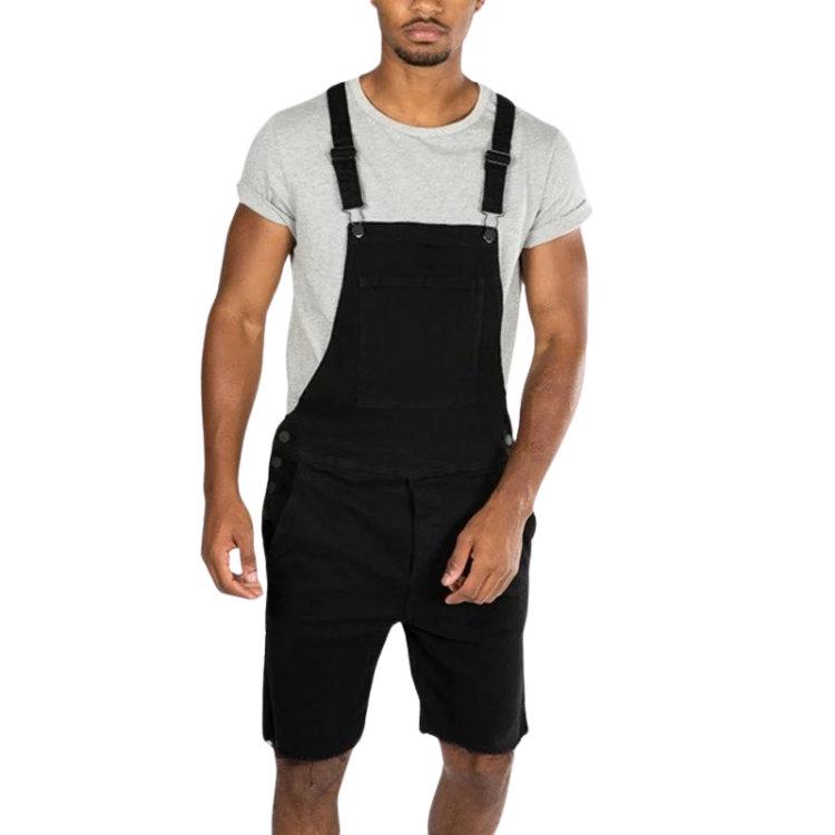Front-view model wearing black bib overalls with shorts over a gray T-shirt