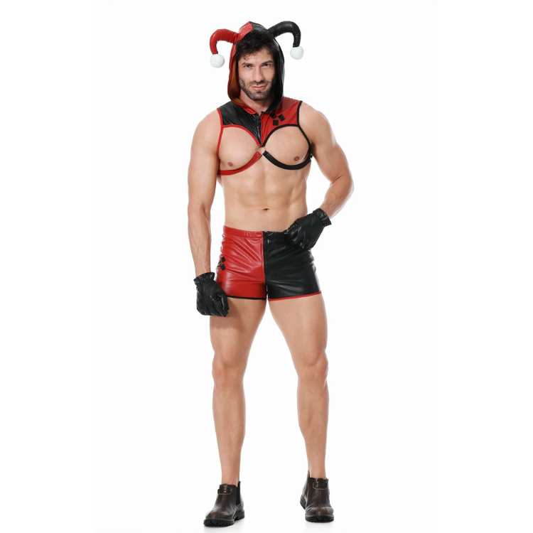 Front-facing model in a red-and-black jester costume with harness top, shorts, gloves, and hood