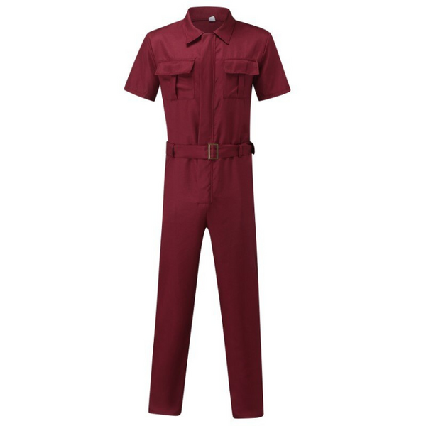 Front view of a burgundy short-sleeve utility jumpsuit with a belt and four cargo pockets