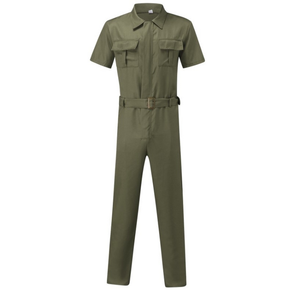 Front-facing olive-green short-sleeve jumpsuit with a collared shirt, two chest pockets, belt, and long legs