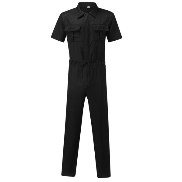 Front view of a black short-sleeve jumpsuit with a collared shirt, two chest pockets, and straight legs