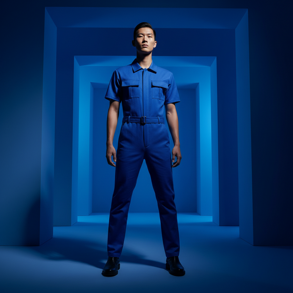 Casual men's short-sleeve jumpsuit with belt, worn confidently amid bold blue geometric walls and moody lighting