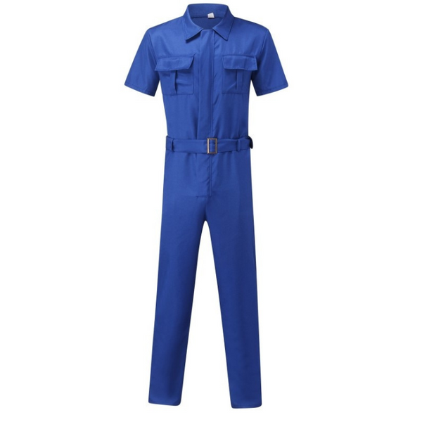 non binary school uniform: Casual men's short-sleeve jumpsuit with belt, worn confidently amid bold blue geometric walls and