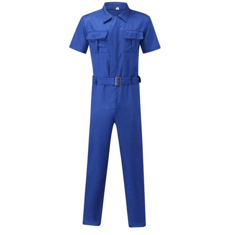 non binary school uniform: Casual men's short-sleeve jumpsuit with belt, worn confidently amid bold blue geometric walls and