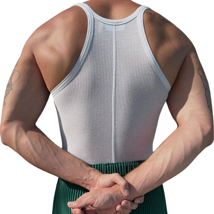 Rear view of a model wearing a light gray ribbed racerback vest