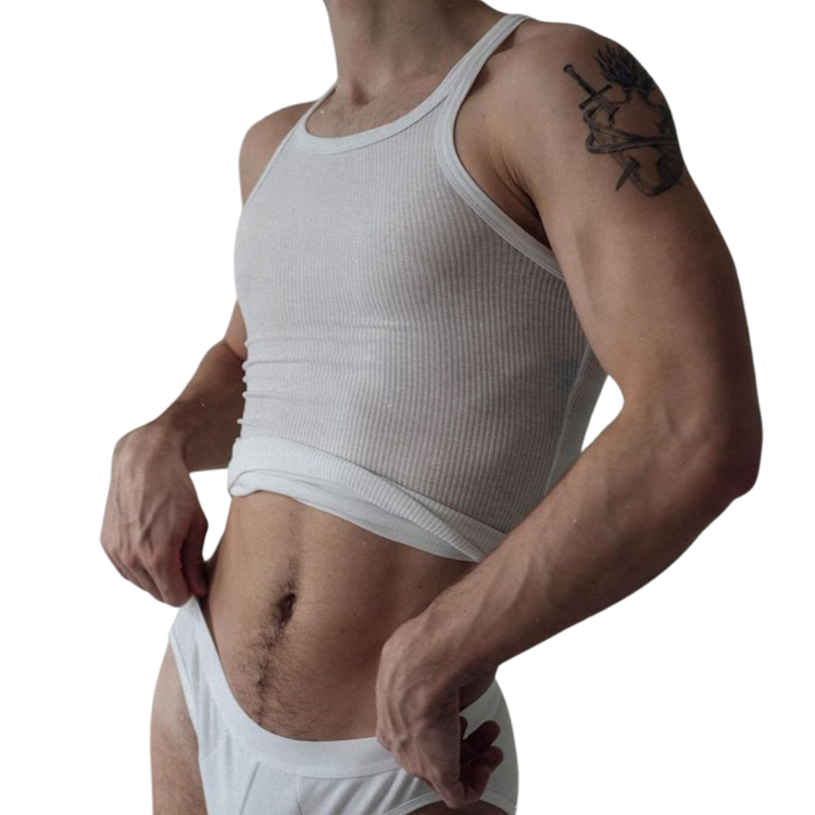 Cropped model wearing a white ribbed racerback tank top and matching briefs