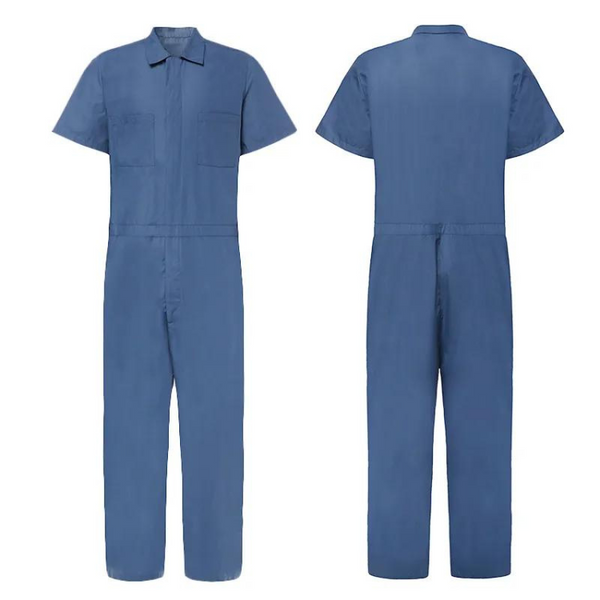 Blue short-sleeve collared jumpsuit shown from front and back
