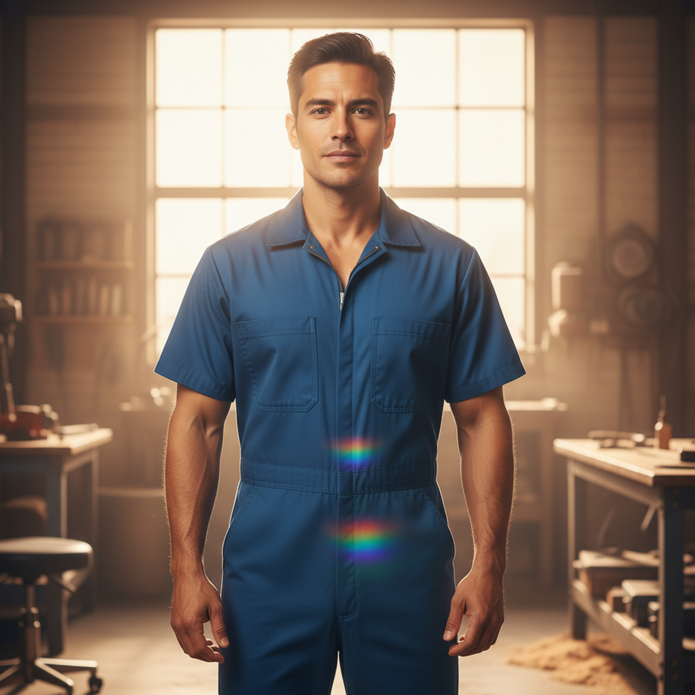 Front-facing person modeling a blue short-sleeve workwear jumpsuit with two chest pockets