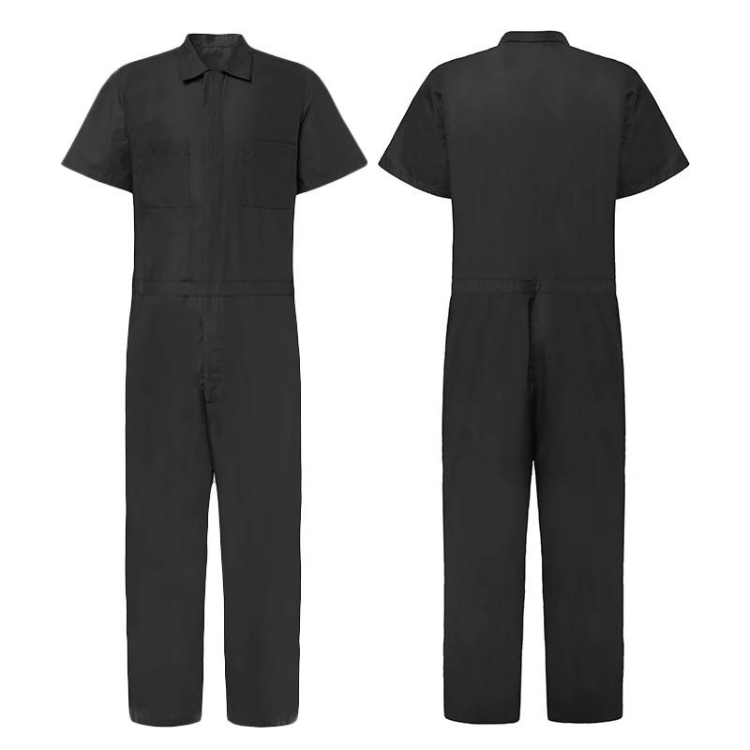 Black short-sleeve collared jumpsuit shown from the front and back