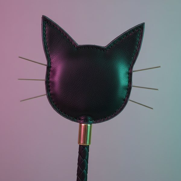 Front-facing black cat-head leather paddle with metal rods and braided handle