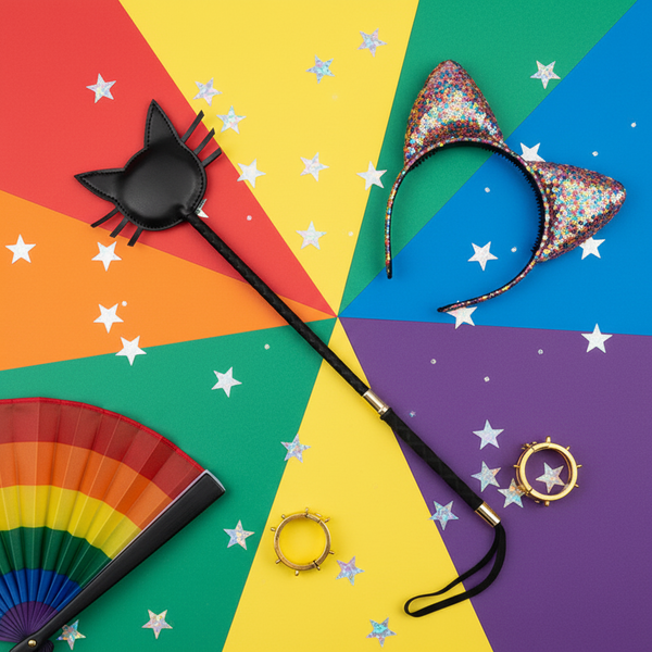 Black cat-shaped leather paddle whip on a rainbow star-patterned background