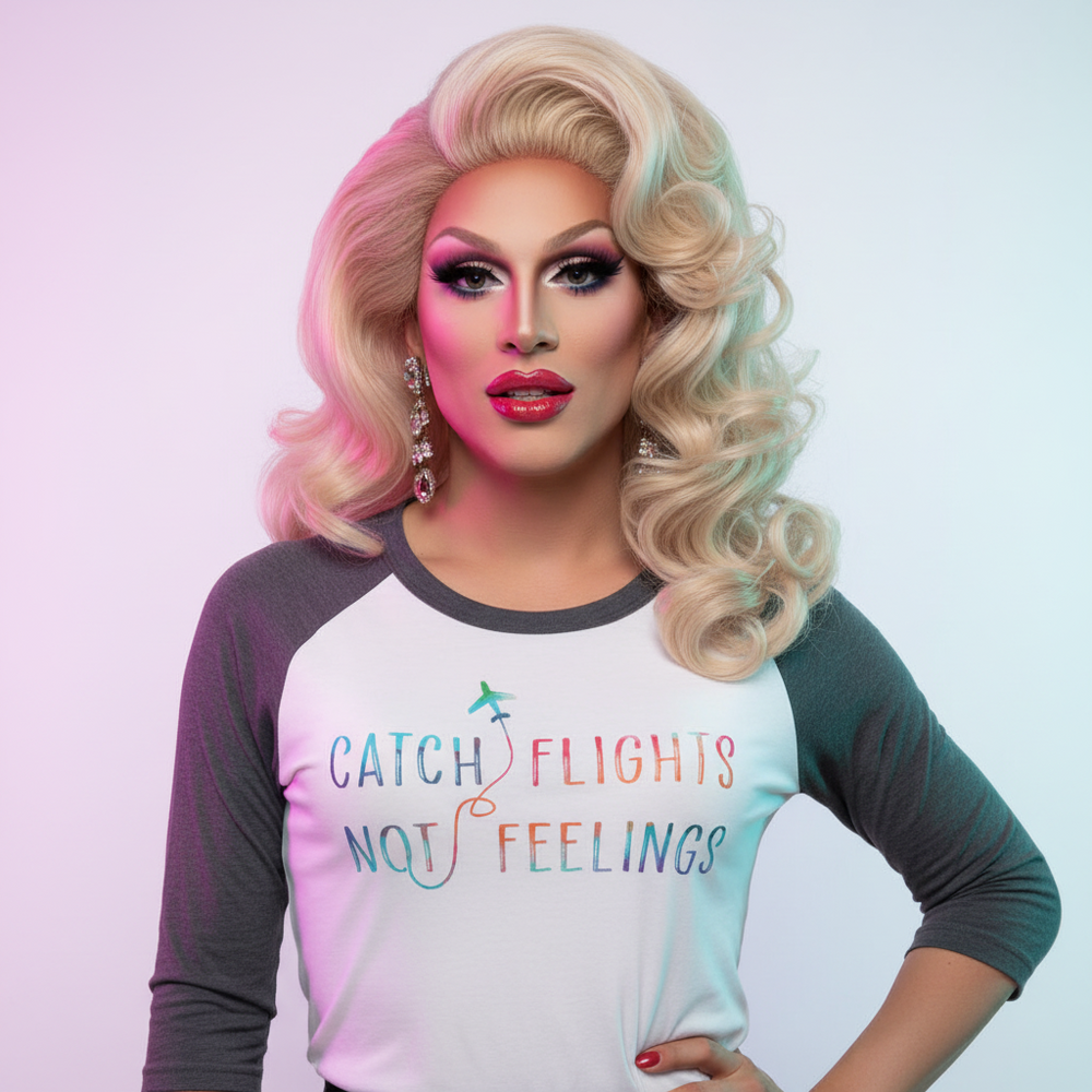 3/4 sleeve raglan shirt in white and gray, bold “Catch Flights Not Feelings” text