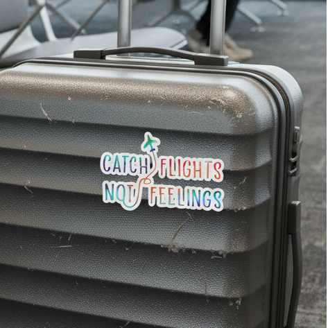 Catch Flights Not Feelings sticker in bold colors on a scratched black suitcase