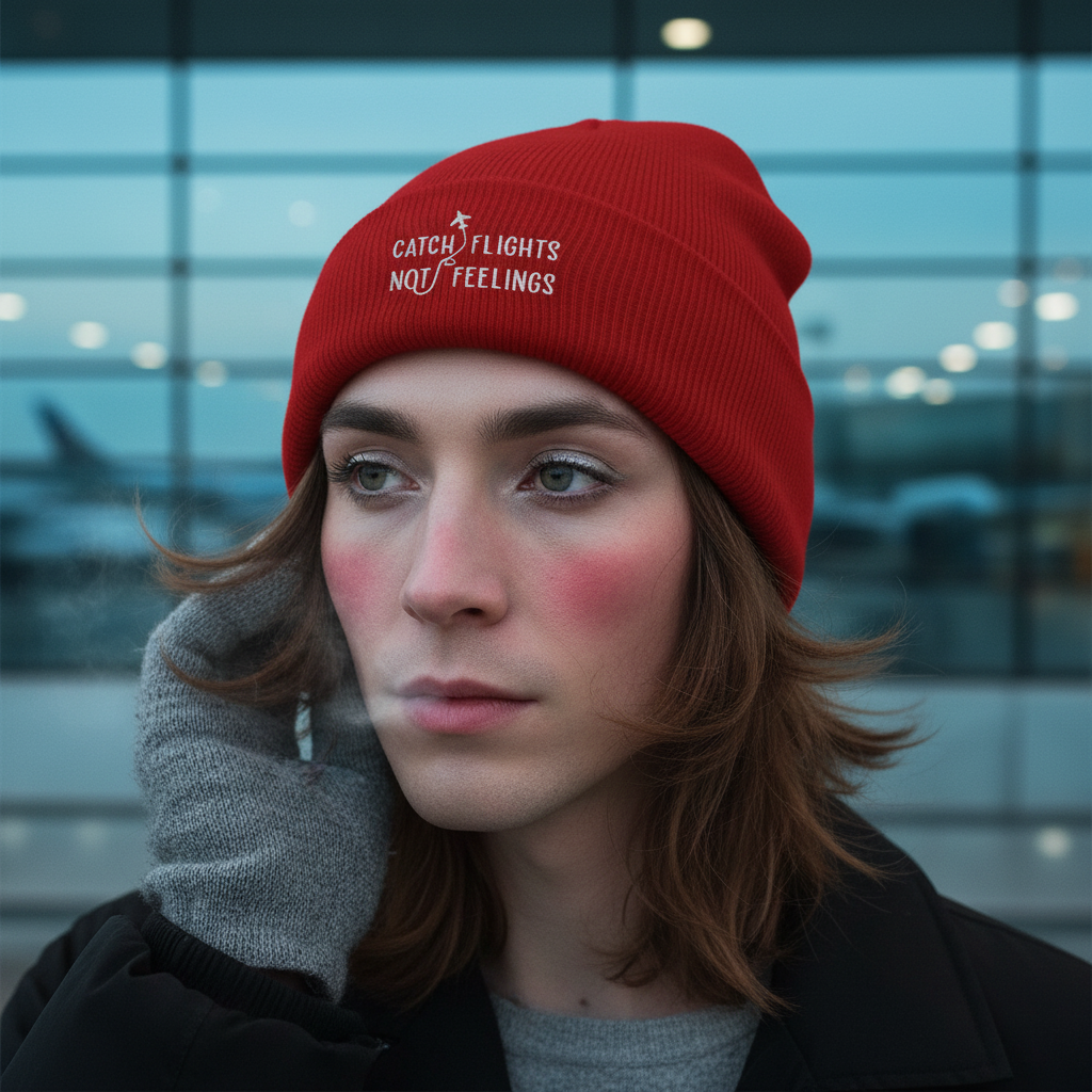 Catch Flights Not Feelings cuffed beanie on long-brown-haired person, outside airport windows