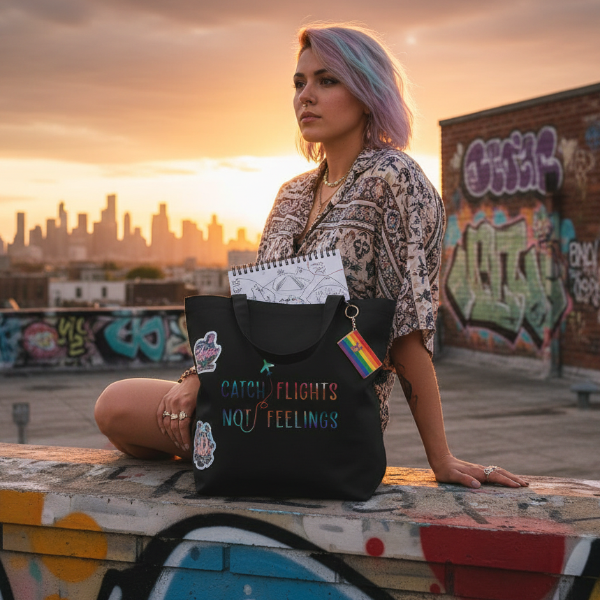 Black tote bag reading “Catch Flights Not Feelings,” modeled on a rooftop at sunset