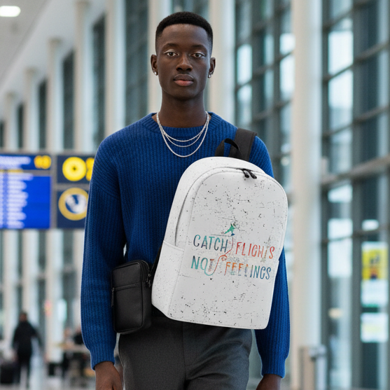 Catch Flights Not Feelings Minimalist Backpack with bold slogan in colorful letters, carried by a person at the airport