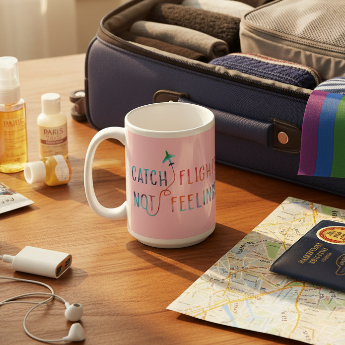 Pink “Catch Flights Not Feelings” mug beside an open suitcase, map, and travel items
