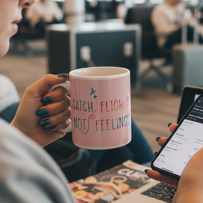 Person holding a pink “Catch Flights Not Feelings” mug beside a phone