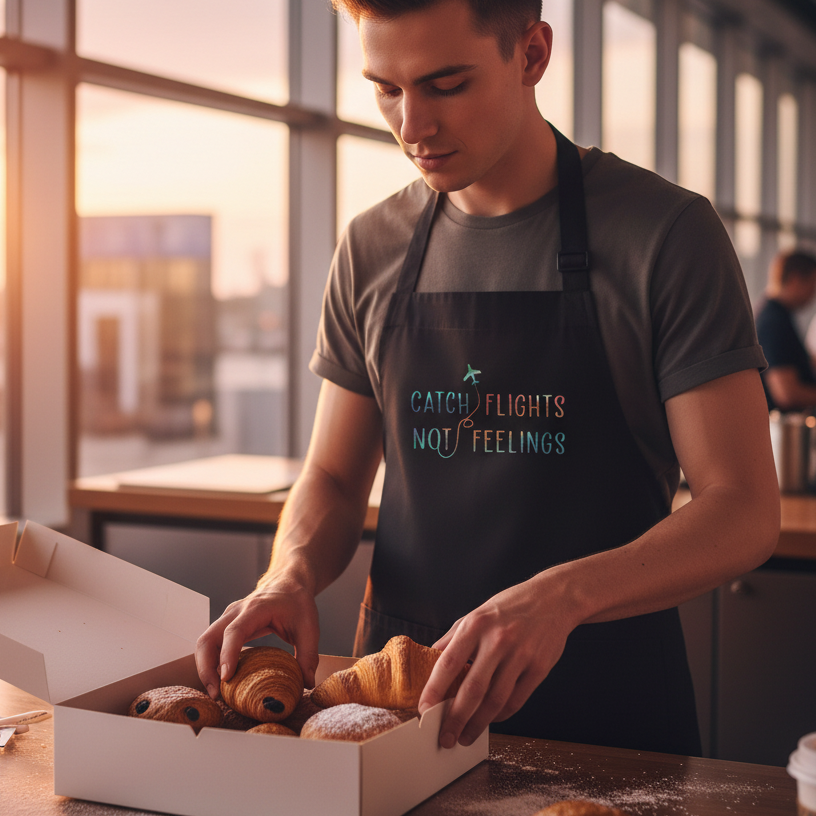 Person arranging pastries in a black apron reading “CATCH FLIGHTS NOT FEELINGS”