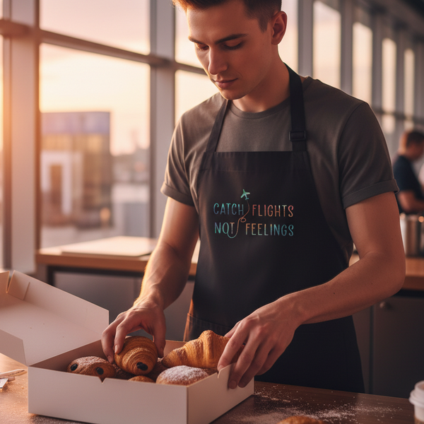 Person arranging pastries in a black apron reading “CATCH FLIGHTS NOT FEELINGS”