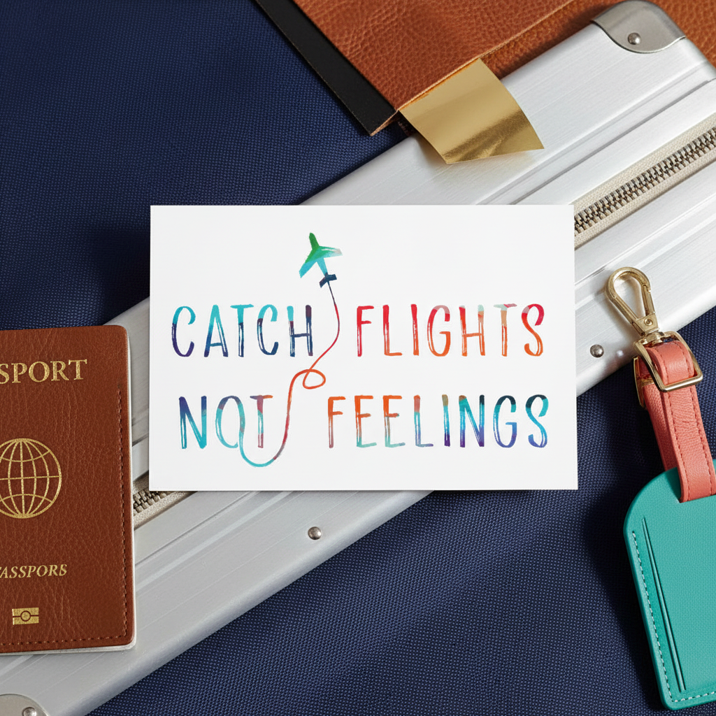 Catch Flights Not Feelings Postcard with bold, colorful lettering on a suitcase, plus brown passport, teal tag