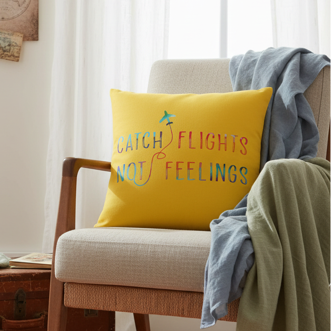 Catch Flights Not Feelings premium pillow brings playful queer flair to a beige armchair with blue-green blanket