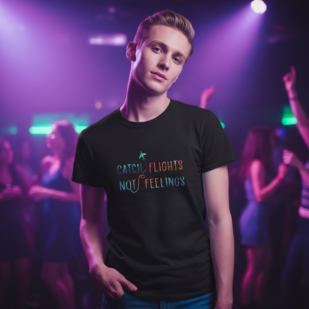 Catch Flights Not Feelings T-shirt with bold, multicolored lettering on a person
