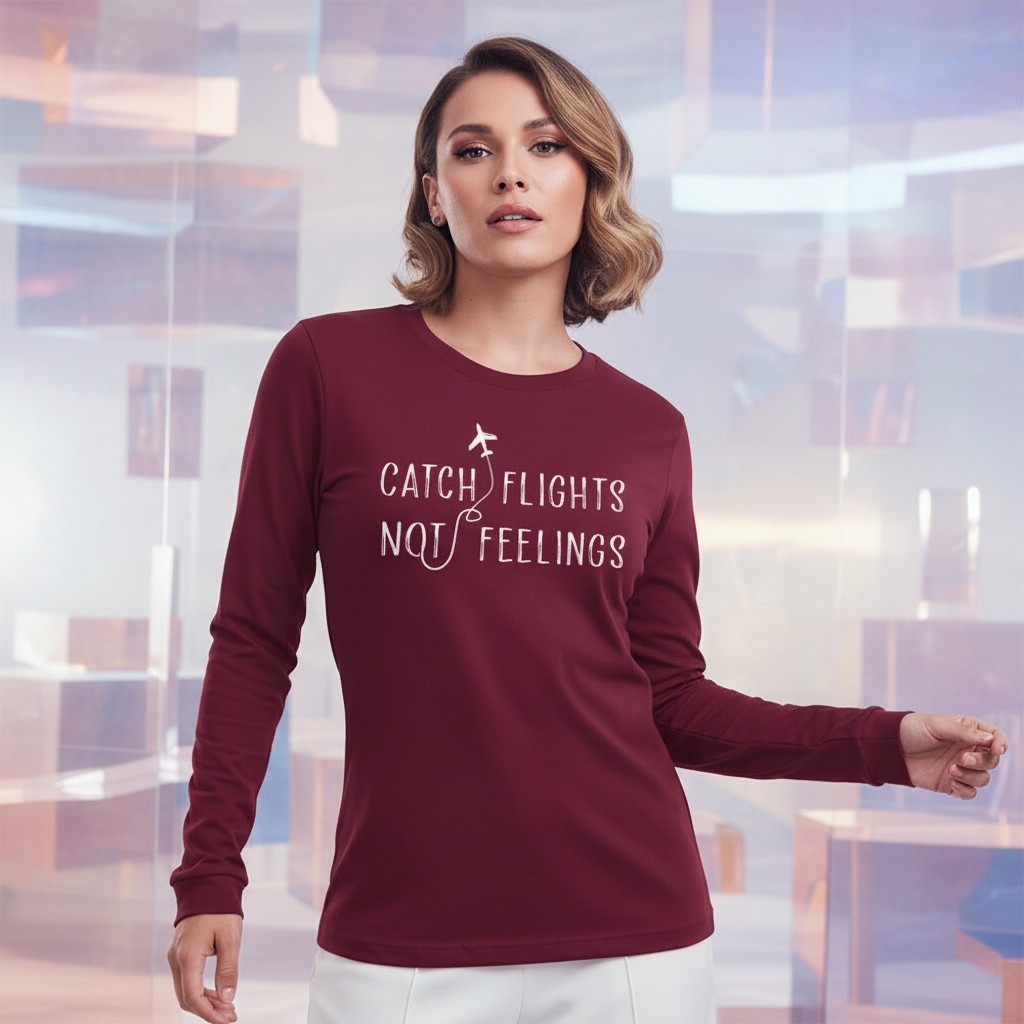 Unisex long sleeve T-shirt in maroon, reading "Catch Flights Not Feelings" in bold white type