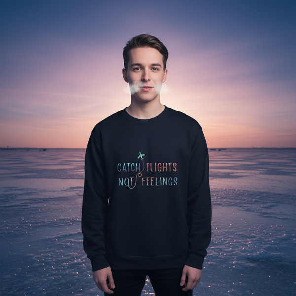 Person wearing a black sweatshirt reading “Catch Flights Not Feelings” on a frozen landscape