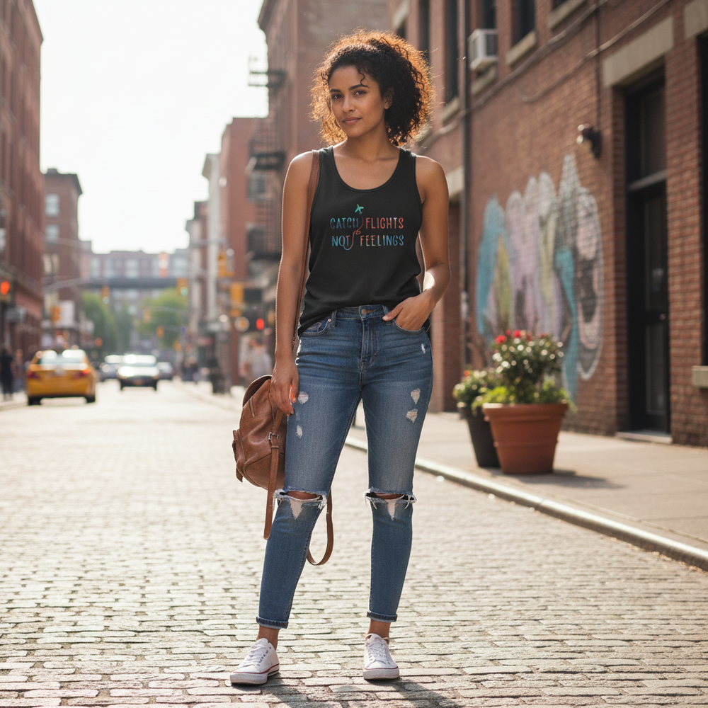 Catch Flights Not Feelings Unisex Tank Top on a person with ripped blue jeans, white kicks, brown backpack