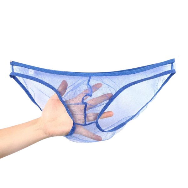 Front view of sheer blue mesh briefs held open by a hand