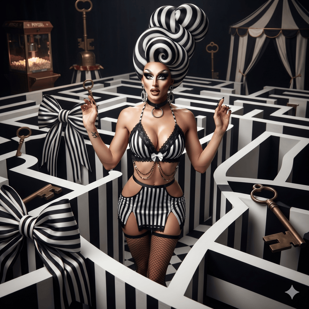 Front-facing model in a black-and-white striped lingerie outfit with garter shorts and fishnets
