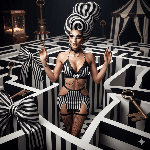 Front-facing model in a black-and-white striped lingerie outfit with garter shorts and fishnets