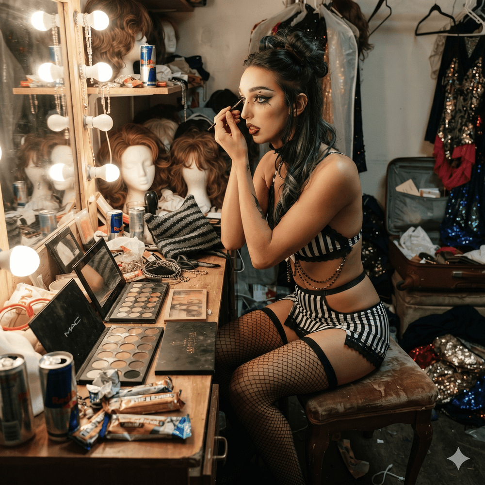 Model applying eyeliner in a striped black-and-white lingerie outfit with fishnet stockings