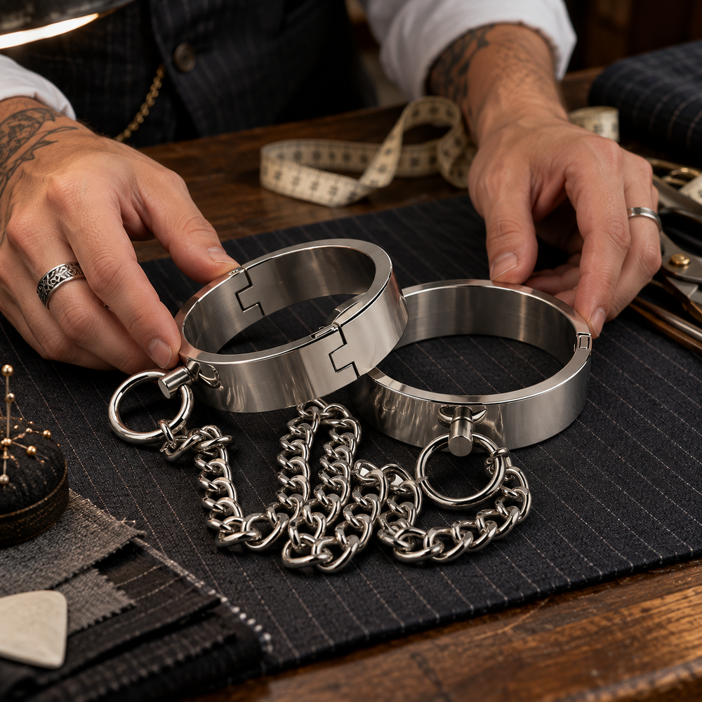 Silver bondage cuffs with connecting chain on a tailor’s pinstripe-covered cutting table.