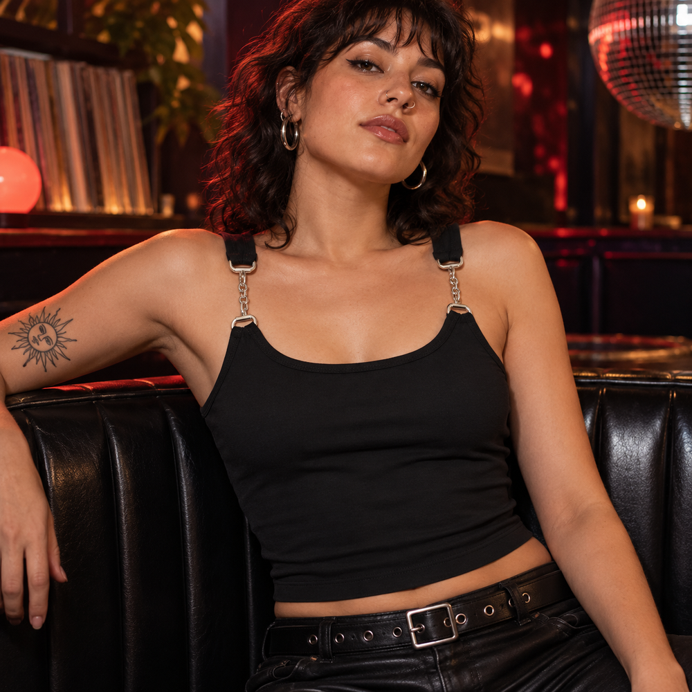 Chain Slim Fit Tank Top — Black worn by a model.