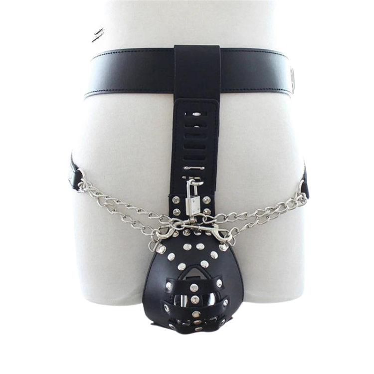 Front view of black chastity briefs with chain detailing and a locked cage
