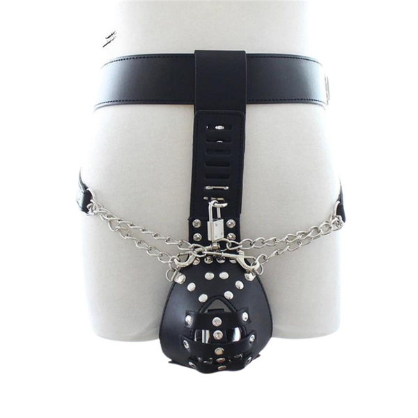 Front view of black chastity briefs with chain detailing and a locked cage