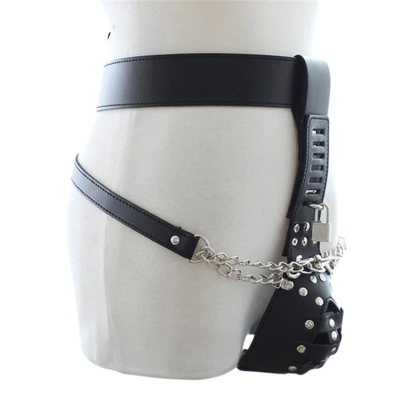 Side view of black leather chastity briefs with chains, straps, studs, and a lock