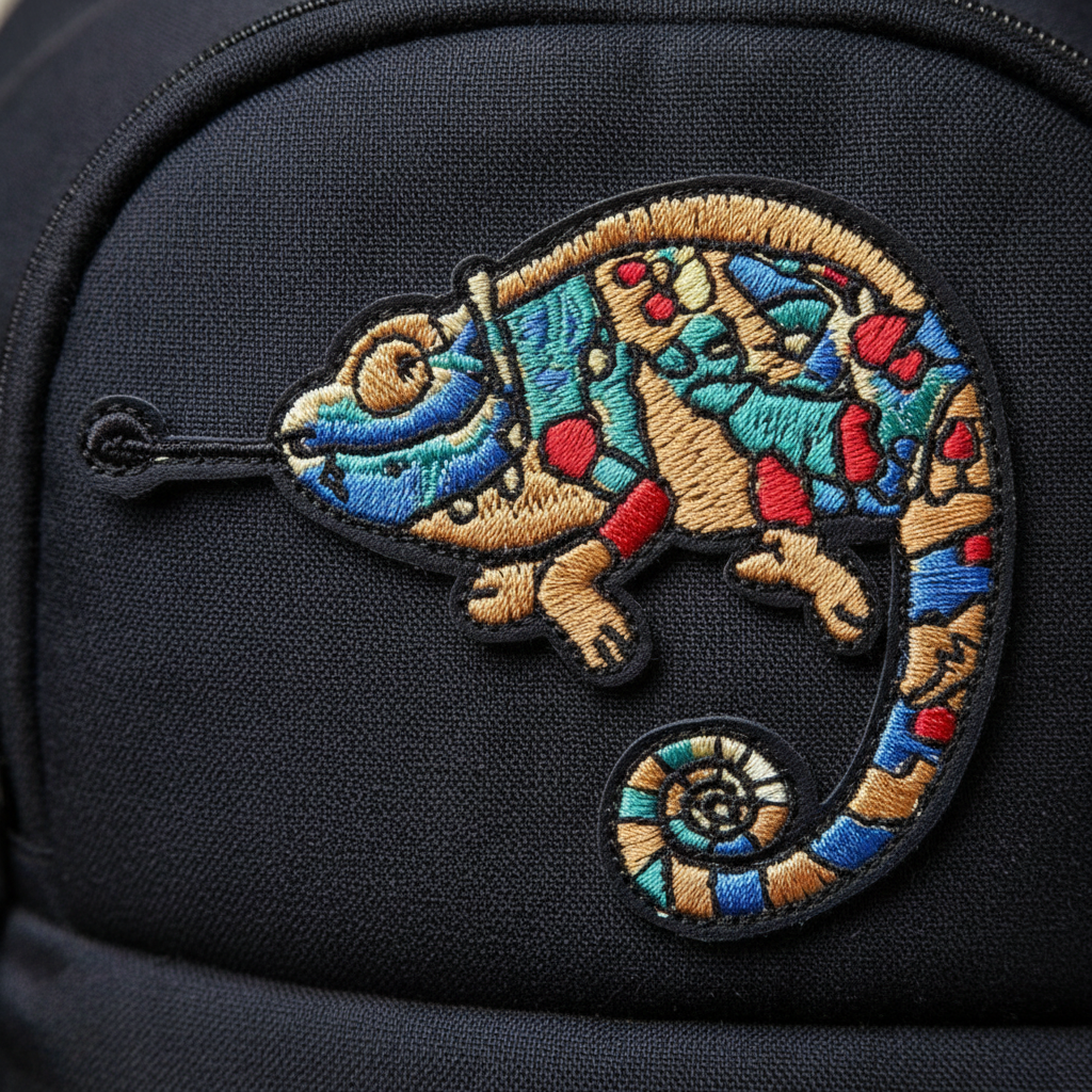Chameleon iron-on embroidered patch with blue, gold, red, and teal patterns on dark fabric; black outline, curled tail