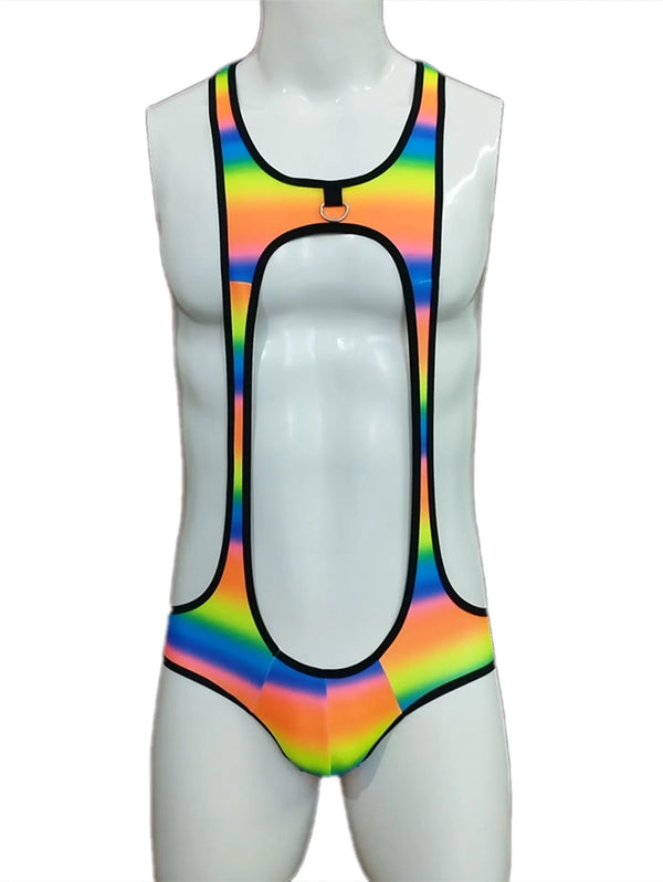 Front view of a rainbow-striped jock bodysuit on a mannequin, with a chest O-ring