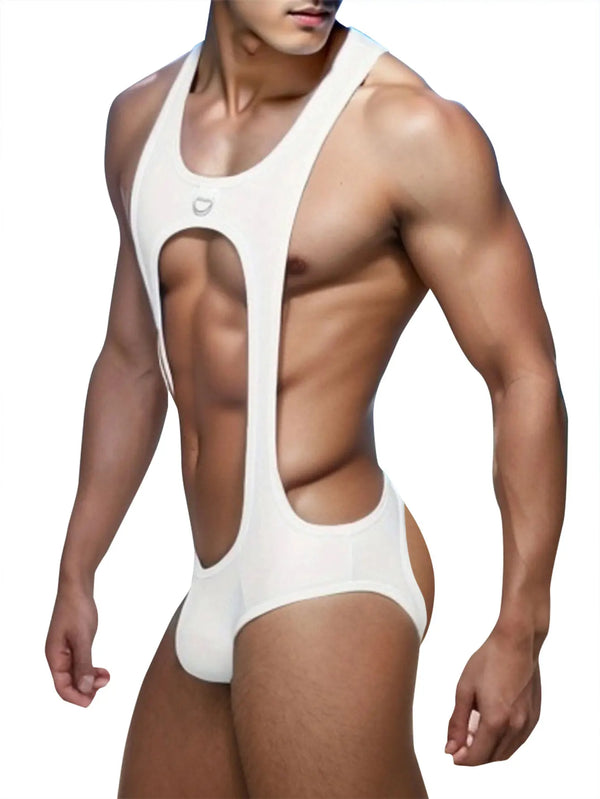 Front three-quarter view of a model wearing a white cutout jock bodysuit