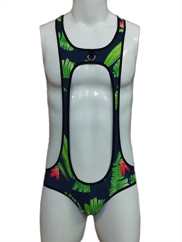 Front view of a navy floral jock bodysuit on a mannequin, with a chest ring and large open front