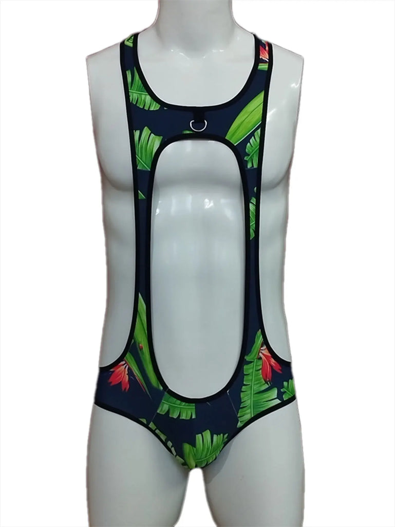 Front view of a navy floral jock bodysuit on a mannequin, with a chest ring and large open front