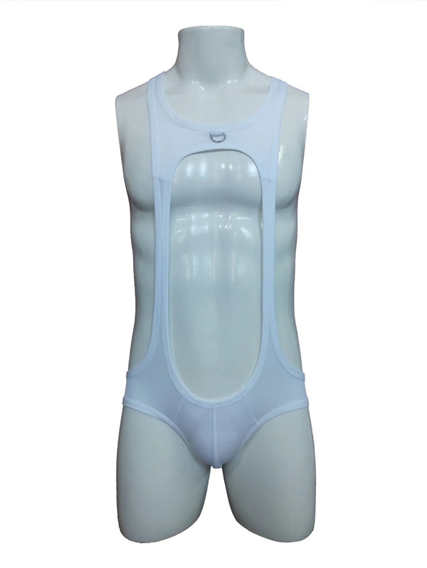 Front view of a white jock bodysuit on a headless mannequin, with an open chest and D-ring