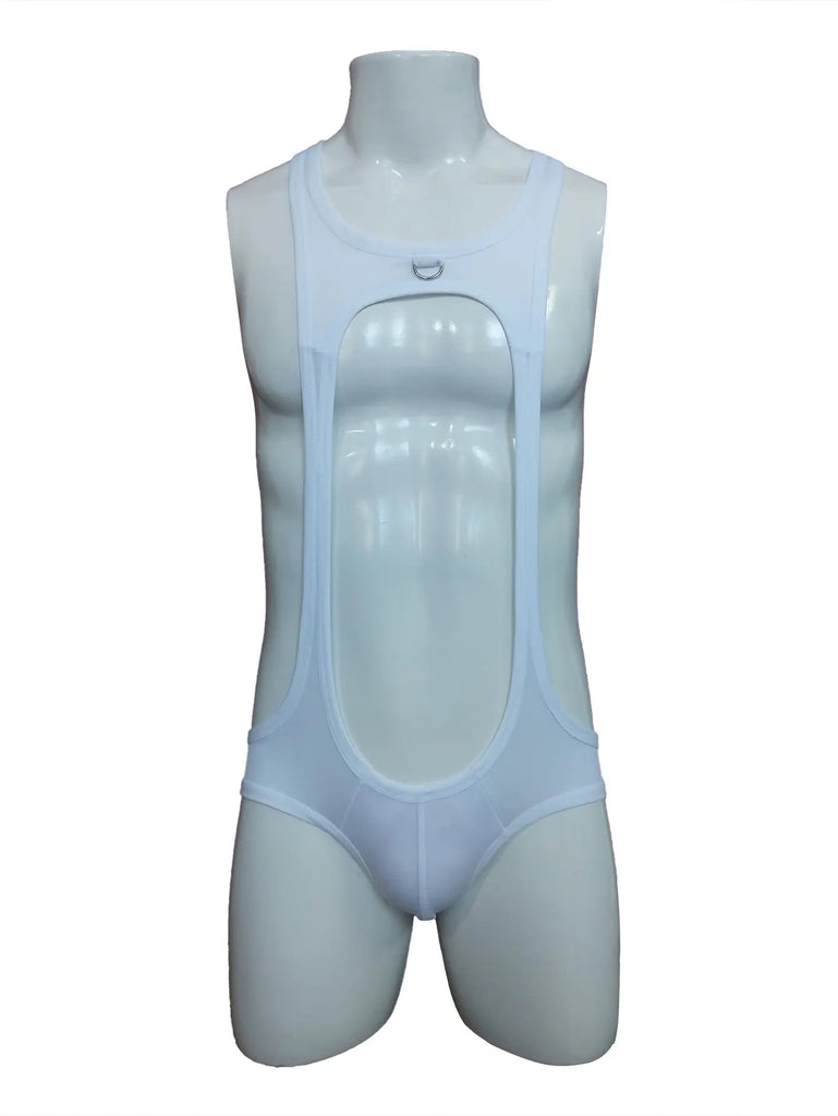 Front view of a white jock bodysuit on a headless mannequin, with an open chest and D-ring