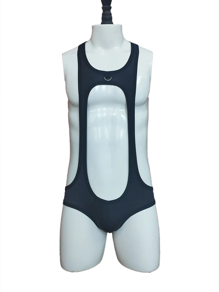Front view of a black jock bodysuit on a white mannequin, with large oval cutouts and a metal ring