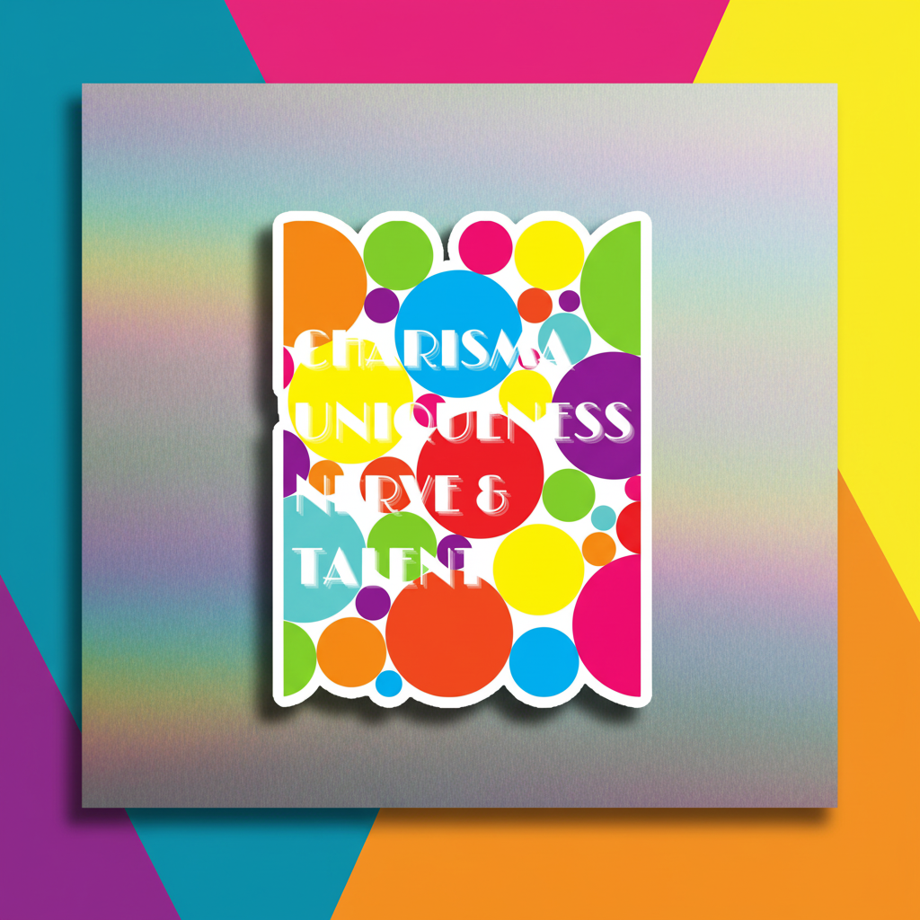 Vibrant magnet with overlapping colorful circles and bold text: "CHARISMA UNIQUENESS NERVE & TALENT,"