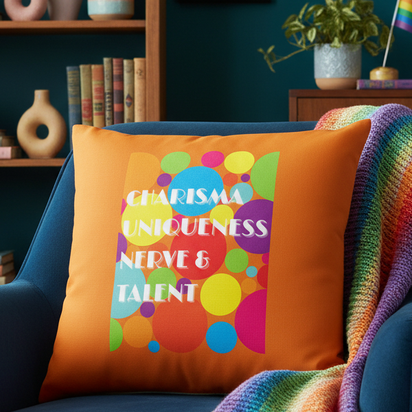 Orange cushion with "Charisma Uniqueness Nerve & Talent" in bold white text, rainbow circles, and cozy queer home style.