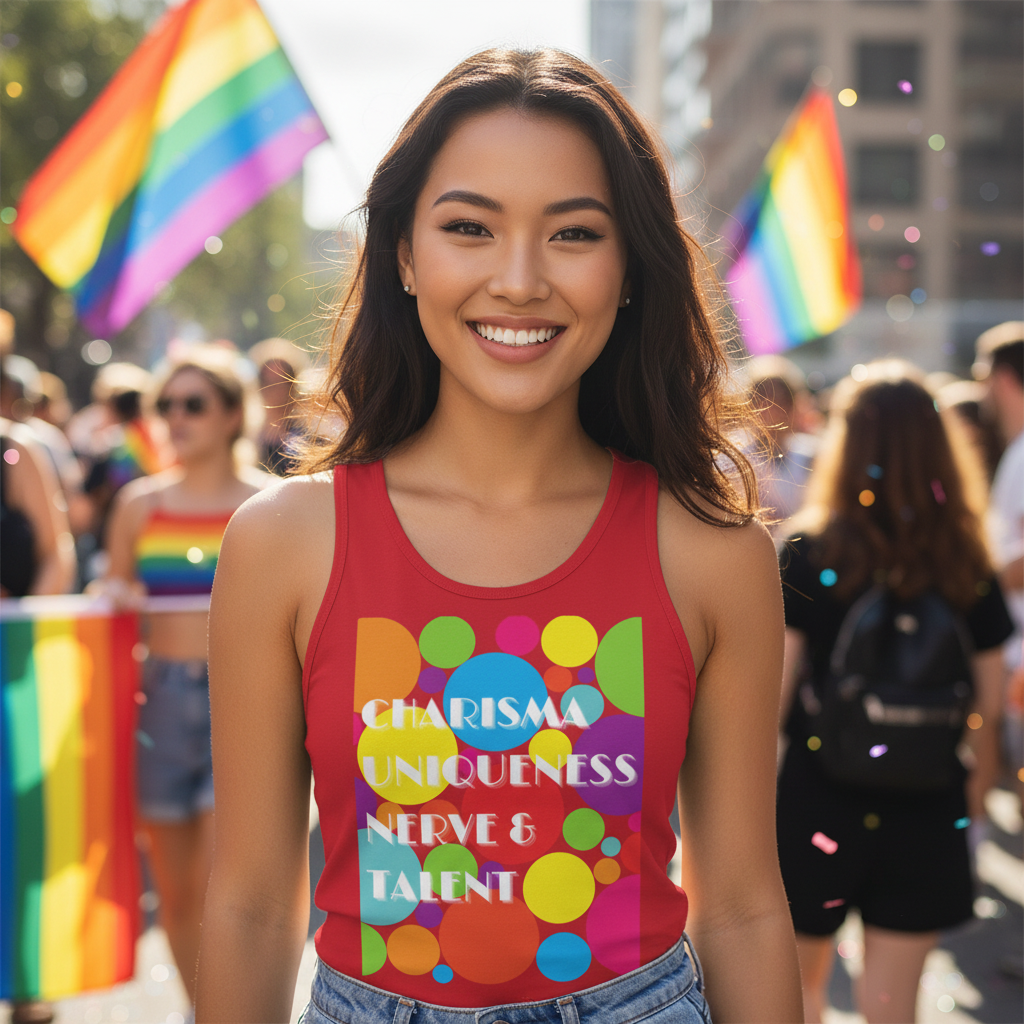 Charisma Uniqueness Nerve & Talent unisex tank top on a smiling person at Pride, with rainbow flags, queer style